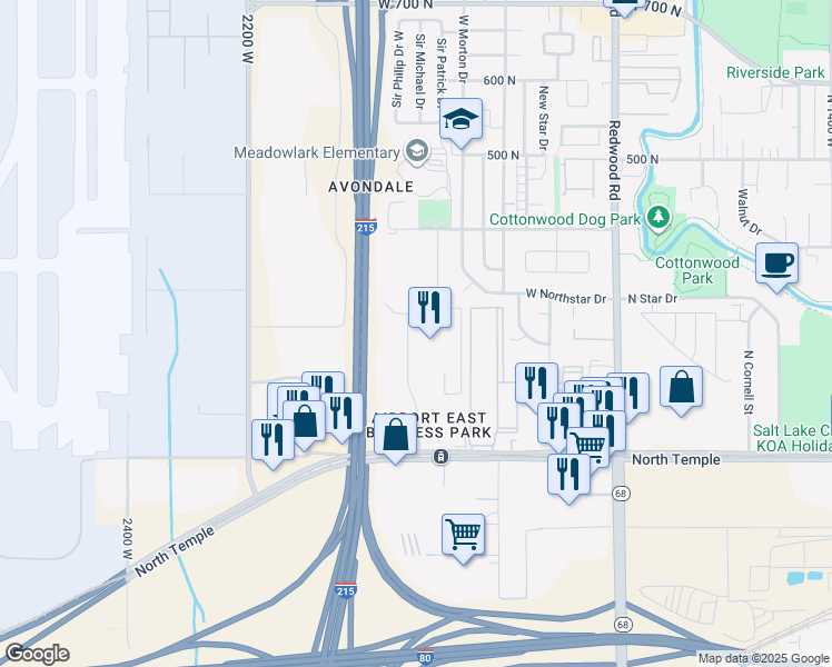 map of restaurants, bars, coffee shops, grocery stores, and more near 210 North 1950 West in Salt Lake City