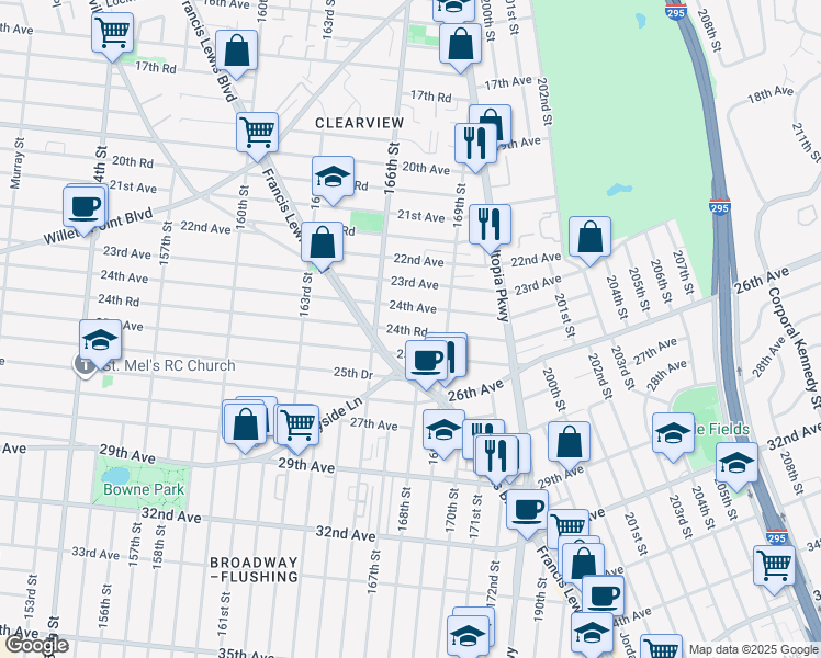 map of restaurants, bars, coffee shops, grocery stores, and more near 166-31 25th Avenue in Queens