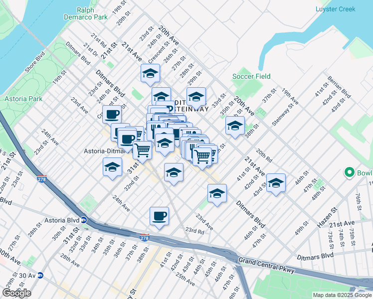 map of restaurants, bars, coffee shops, grocery stores, and more near 33-12 Ditmars Boulevard in Queens