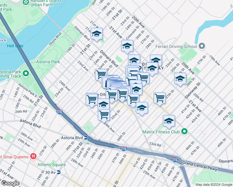 map of restaurants, bars, coffee shops, grocery stores, and more near 2302a 31st Street in Queens