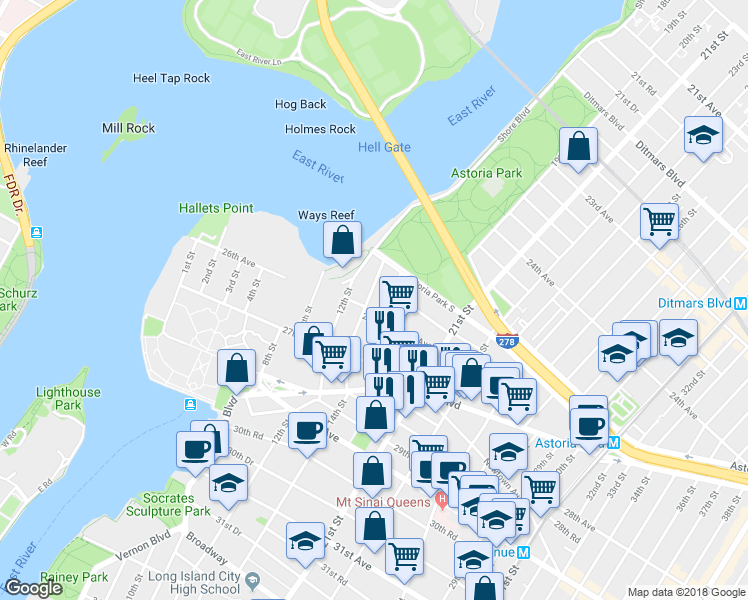 map of restaurants, bars, coffee shops, grocery stores, and more near 25-54 14th Place in Queens