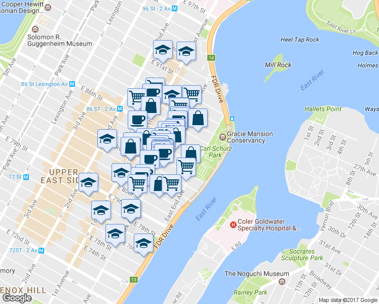 map of restaurants, bars, coffee shops, grocery stores, and more near 120 East End Avenue in New York