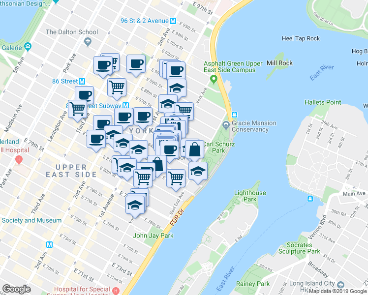 map of restaurants, bars, coffee shops, grocery stores, and more near 519 East 84th Street in New York
