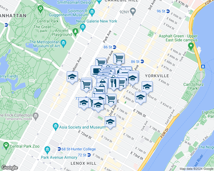 map of restaurants, bars, coffee shops, grocery stores, and more near 222 East 80th Street in New York