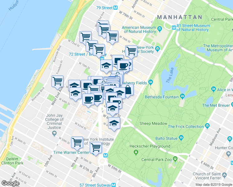 map of restaurants, bars, coffee shops, grocery stores, and more near 67 West 68th Street in New York