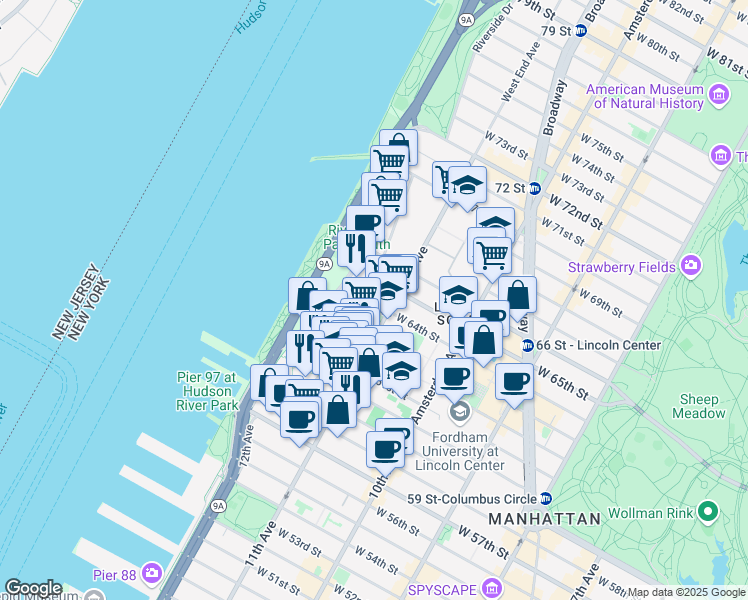 map of restaurants, bars, coffee shops, grocery stores, and more near 75 West 63rd Street in New York