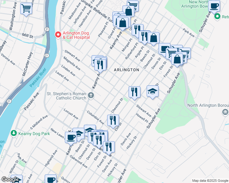 map of restaurants, bars, coffee shops, grocery stores, and more near 695-1/2 Chestnut Street in Kearny