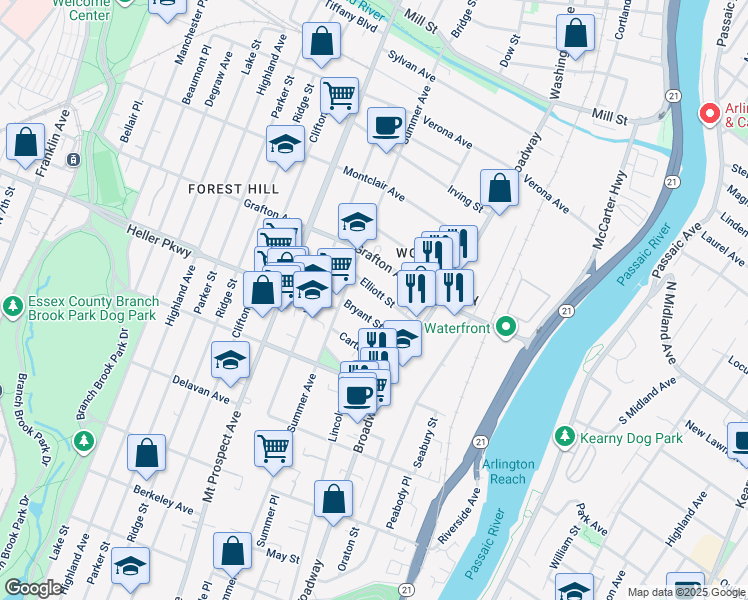 map of restaurants, bars, coffee shops, grocery stores, and more near 25-29 Bryant Street in Newark