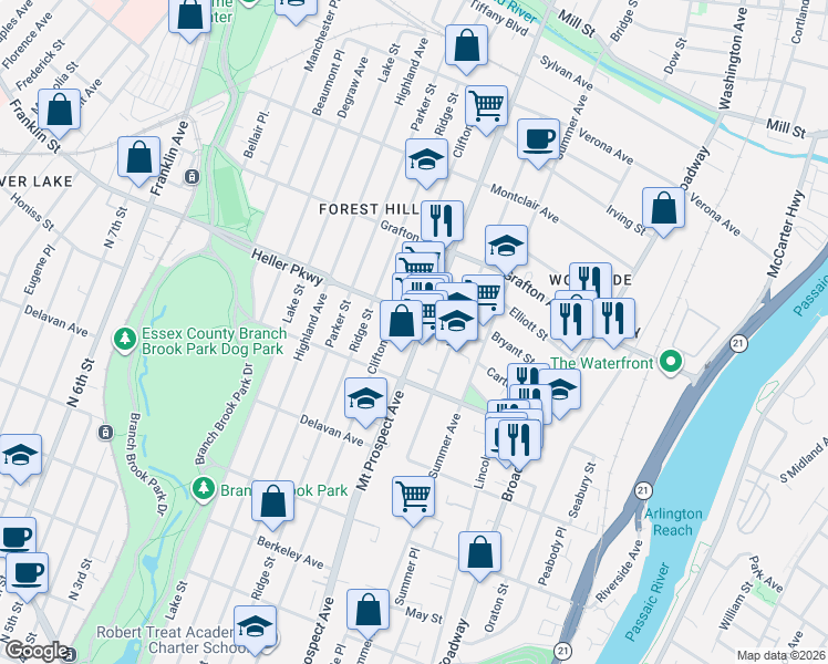 map of restaurants, bars, coffee shops, grocery stores, and more near 659 Mount Prospect Avenue in Newark