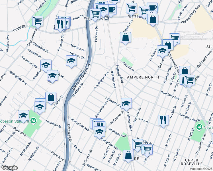 map of restaurants, bars, coffee shops, grocery stores, and more near 27 Madison Avenue in East Orange