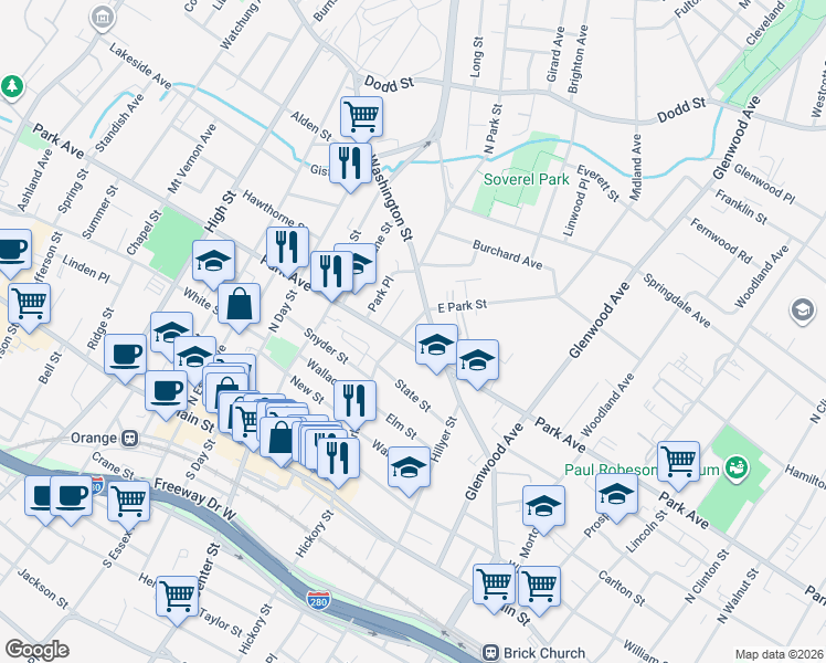 map of restaurants, bars, coffee shops, grocery stores, and more near 730 Park Avenue in East Orange