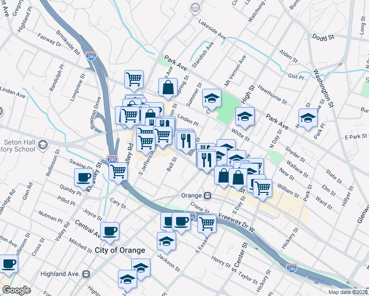 map of restaurants, bars, coffee shops, grocery stores, and more near 463 Main Street in City of Orange