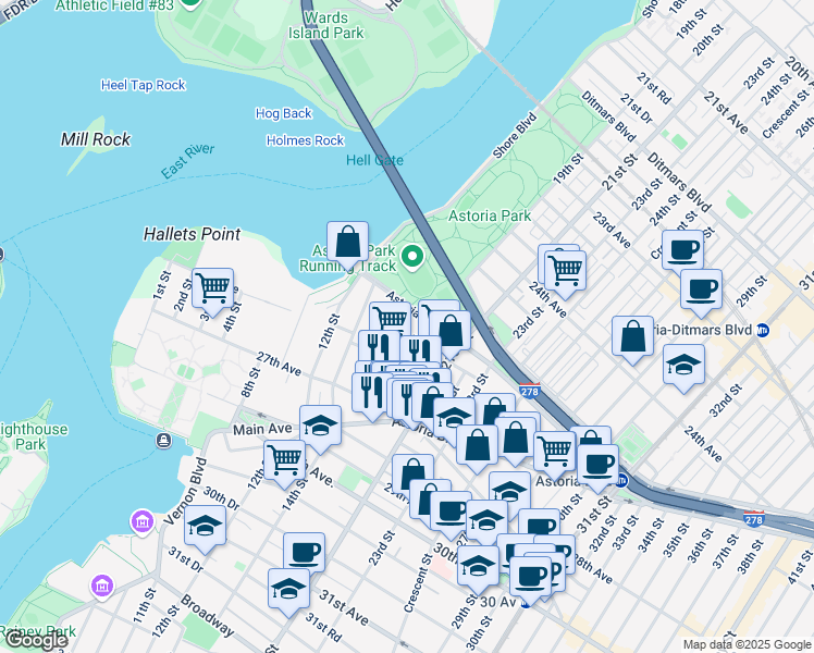 map of restaurants, bars, coffee shops, grocery stores, and more near 25-17 18th Street in Queens