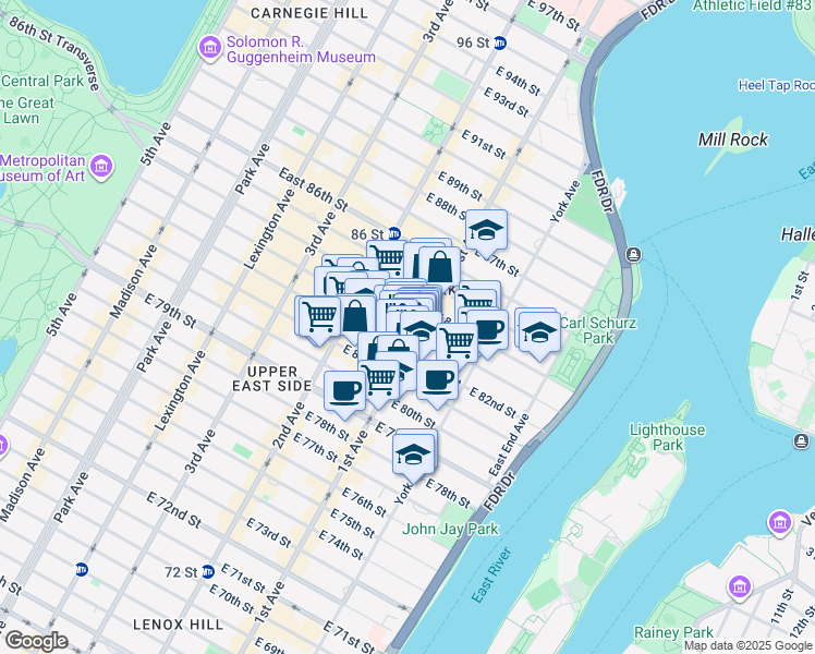 map of restaurants, bars, coffee shops, grocery stores, and more near 350 East 83rd Street in New York