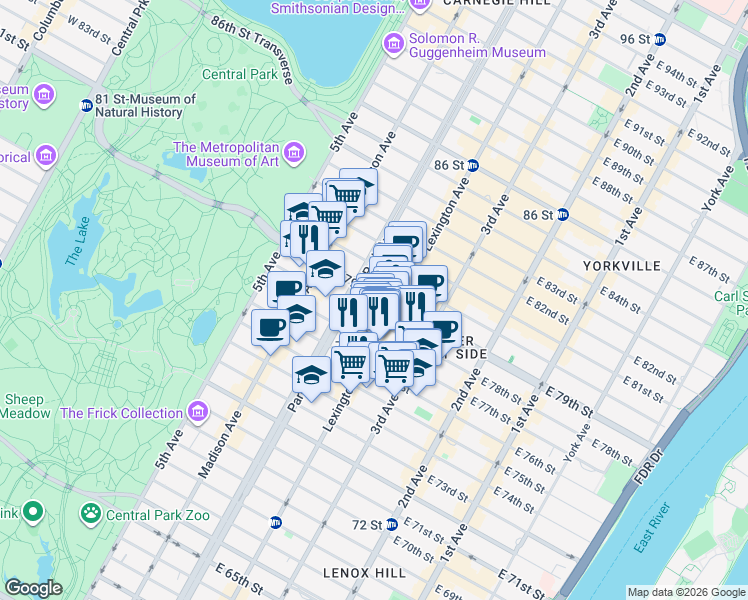 map of restaurants, bars, coffee shops, grocery stores, and more near 120 East 79th Street in New York