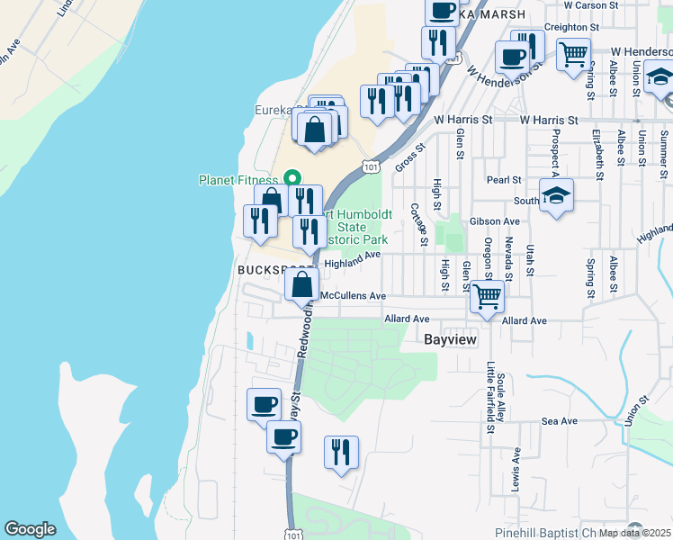 map of restaurants, bars, coffee shops, grocery stores, and more near 1615 Highland Avenue in Eureka