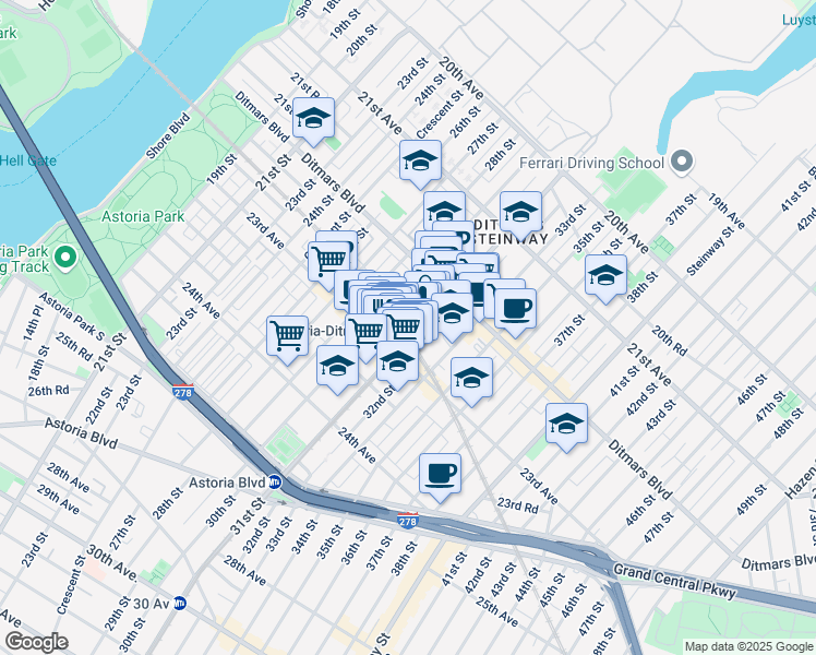 map of restaurants, bars, coffee shops, grocery stores, and more near 2275 31st Street in Queens