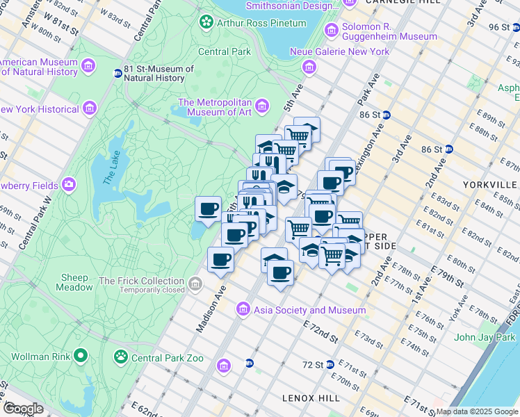 map of restaurants, bars, coffee shops, grocery stores, and more near 30 East 77th Street in New York