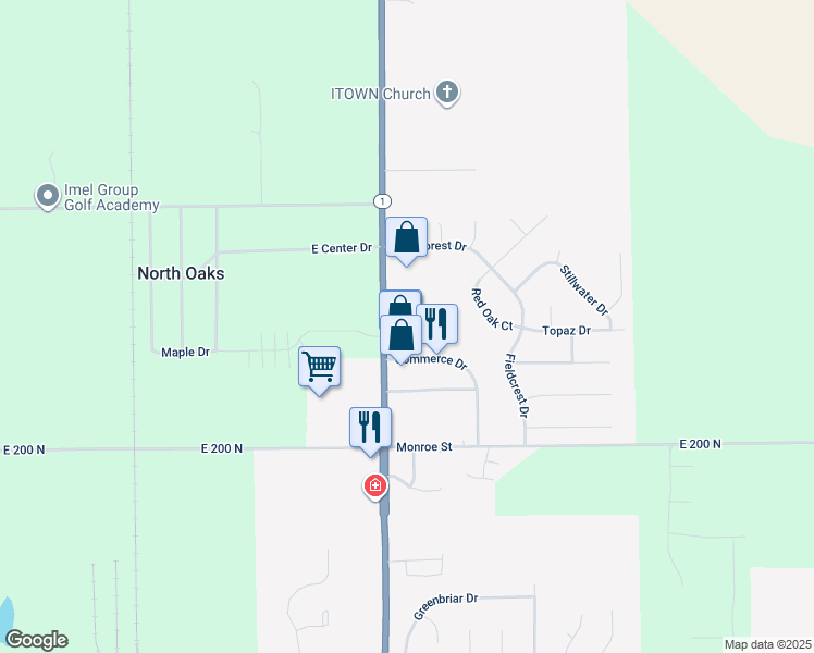 map of restaurants, bars, coffee shops, grocery stores, and more near 2205 North Main Street in Bluffton