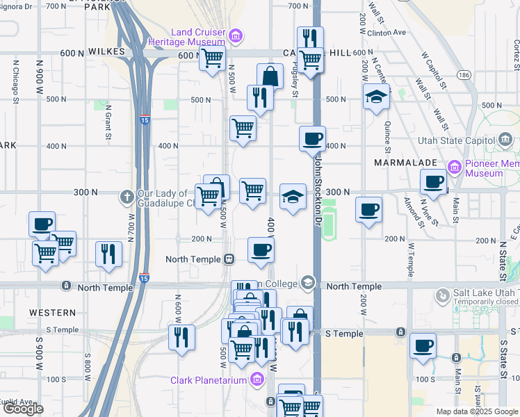 map of restaurants, bars, coffee shops, grocery stores, and more near 255 North 400 West in Salt Lake City
