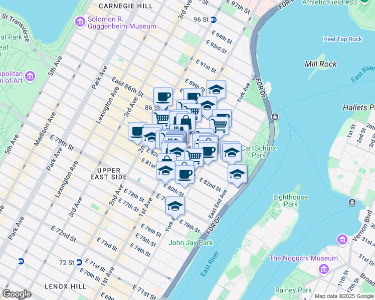 map of restaurants, bars, coffee shops, grocery stores, and more near 416 East 84th Street in New York