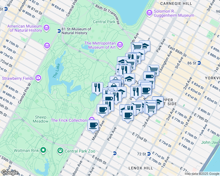 map of restaurants, bars, coffee shops, grocery stores, and more near 952 5th Avenue in New York