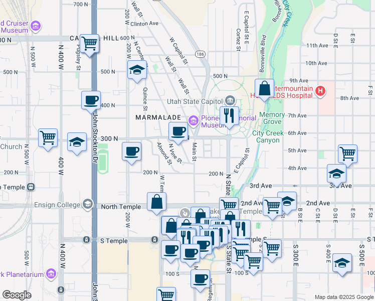 map of restaurants, bars, coffee shops, grocery stores, and more near 222 Main Street in Salt Lake City