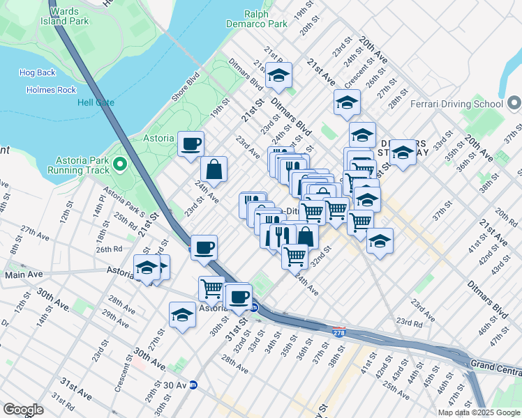 map of restaurants, bars, coffee shops, grocery stores, and more near 23-59 26th Street in Queens