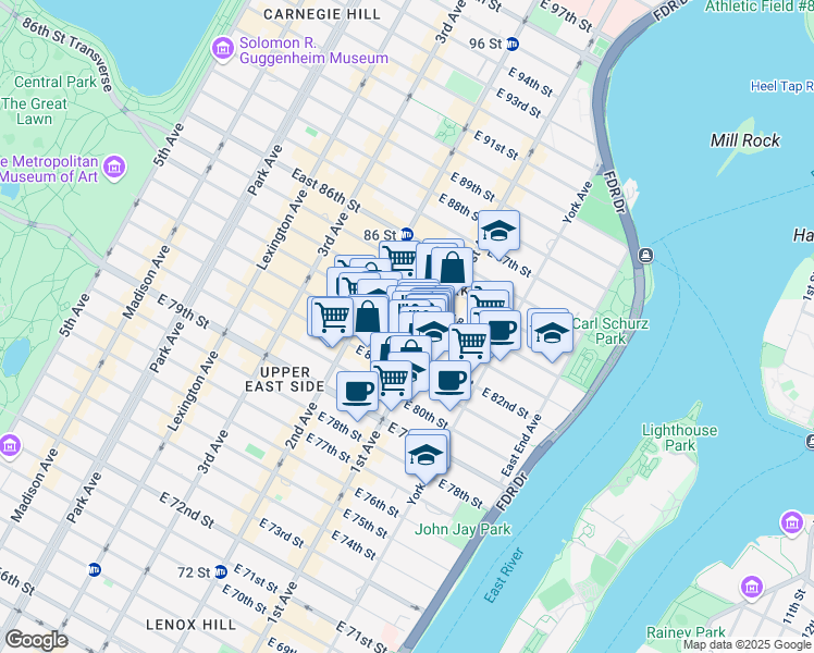 map of restaurants, bars, coffee shops, grocery stores, and more near 328 East 83rd Street in New York
