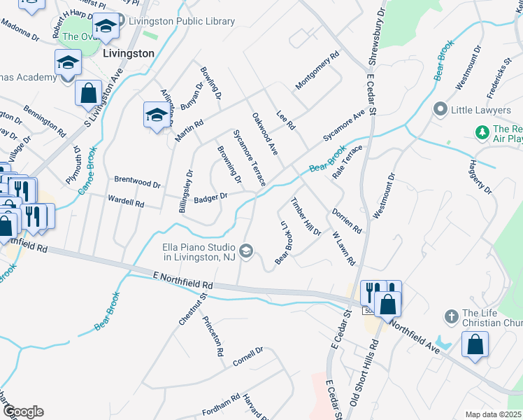 map of restaurants, bars, coffee shops, grocery stores, and more near 44 Sycamore Avenue in Livingston