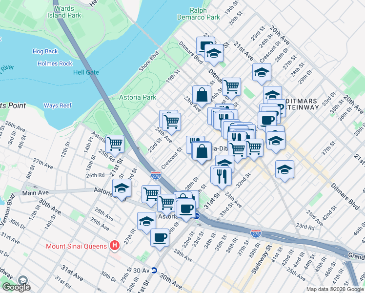 map of restaurants, bars, coffee shops, grocery stores, and more near 23-92 Crescent Street in Queens