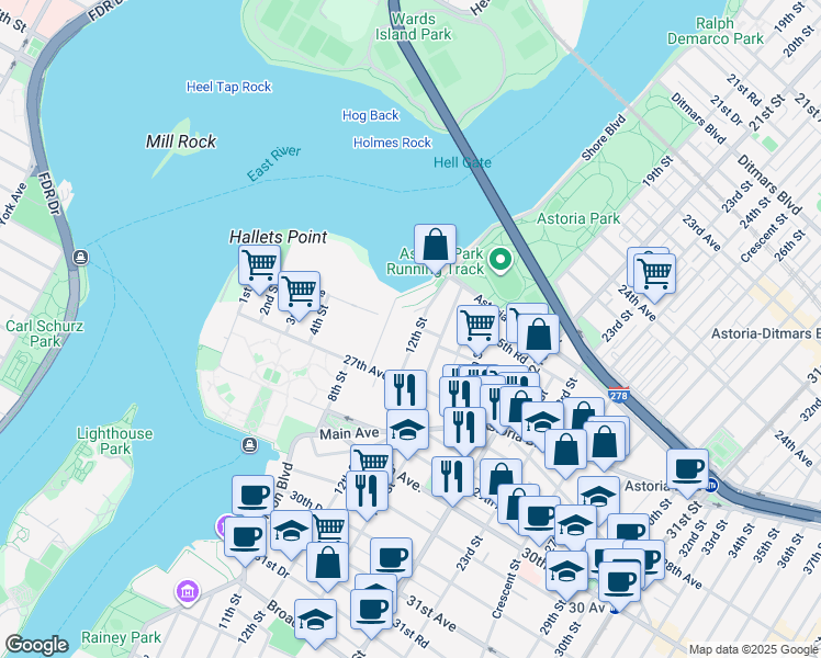 map of restaurants, bars, coffee shops, grocery stores, and more near 25-66 12th Street in Queens