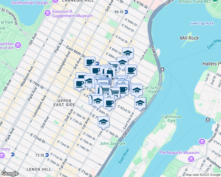 map of restaurants, bars, coffee shops, grocery stores, and more near 414 East 84th Street in New York