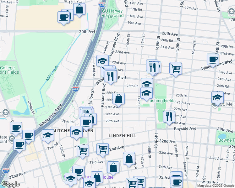 map of restaurants, bars, coffee shops, grocery stores, and more near 144-48 25th Avenue in Queens