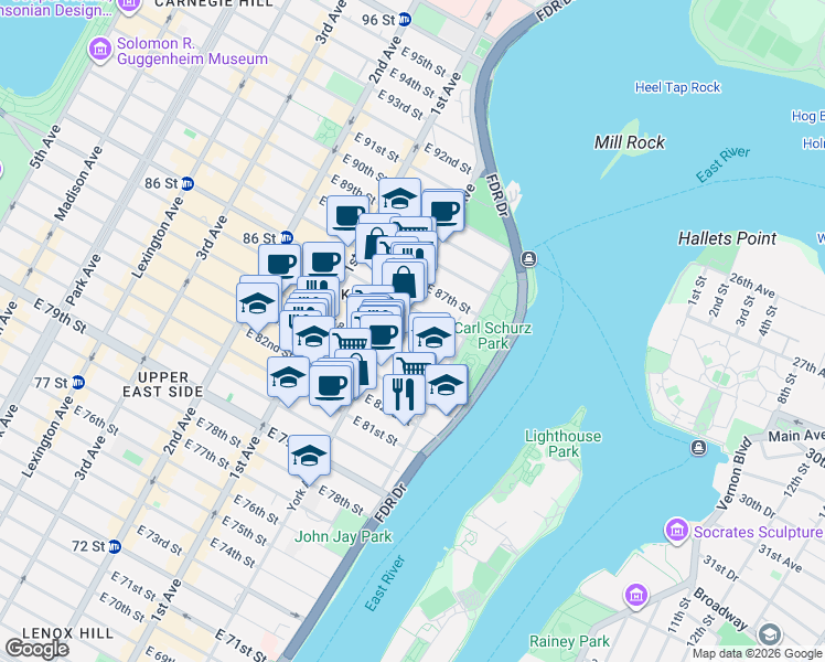 map of restaurants, bars, coffee shops, grocery stores, and more near 515 East 85th Street in New York
