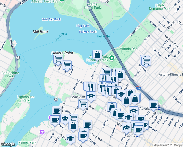 map of restaurants, bars, coffee shops, grocery stores, and more near 26-15 12th Street in Queens