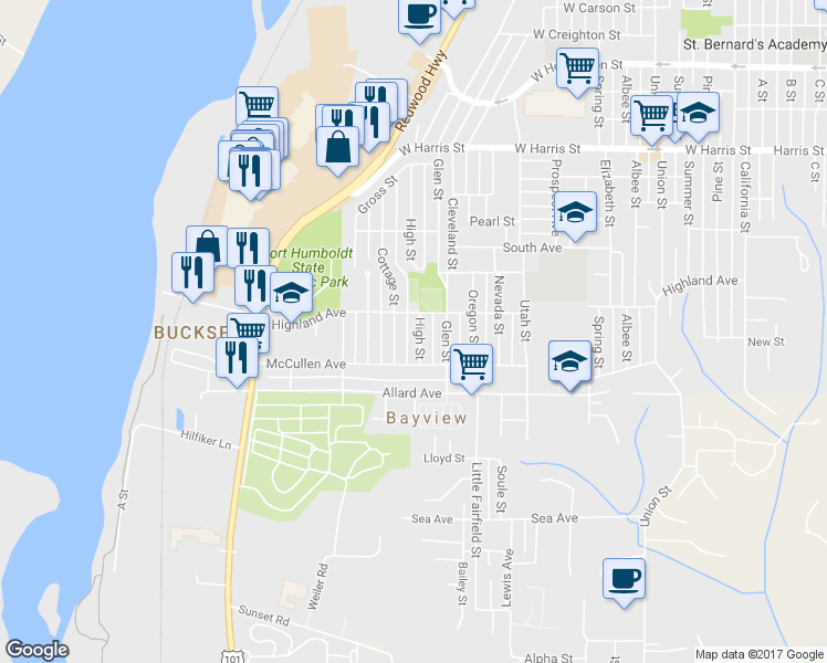 map of restaurants, bars, coffee shops, grocery stores, and more near 3528 High Street in Eureka