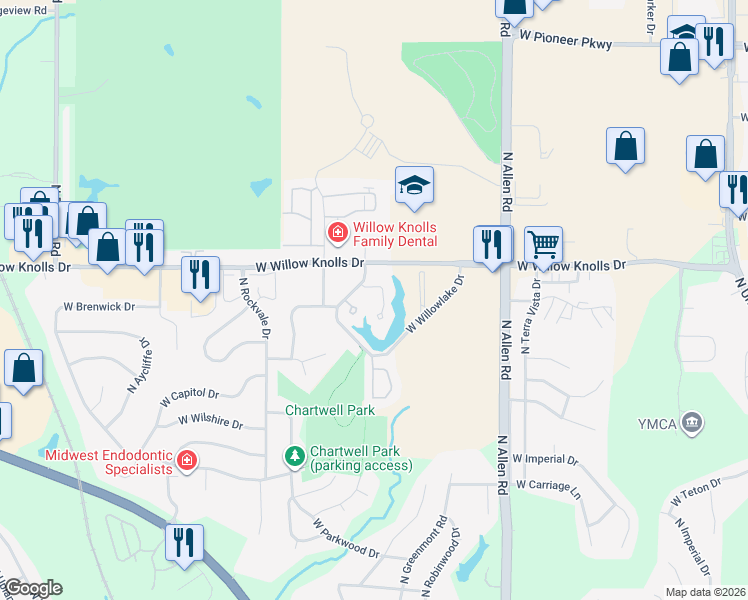 map of restaurants, bars, coffee shops, grocery stores, and more near 7121 N Willow Bend Pointe in Peoria