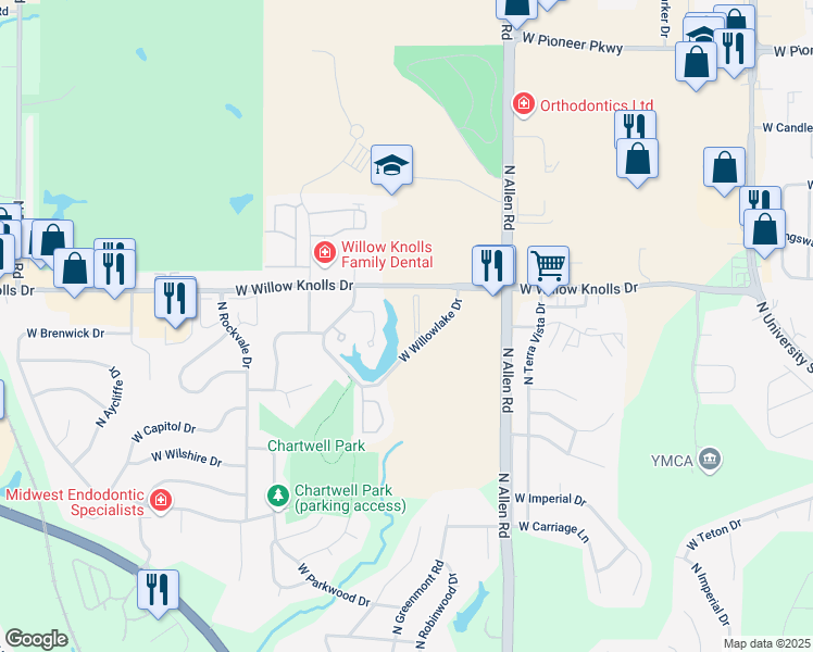 map of restaurants, bars, coffee shops, grocery stores, and more near 7239 North Lakeside Court in Peoria