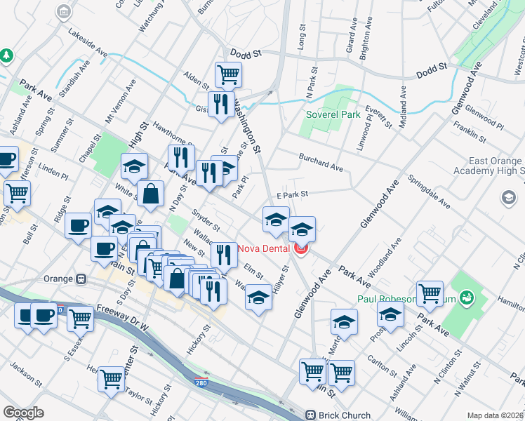 map of restaurants, bars, coffee shops, grocery stores, and more near 730 Park Avenue in East Orange