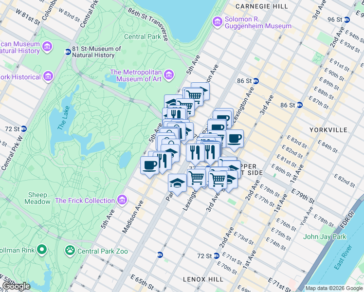 map of restaurants, bars, coffee shops, grocery stores, and more near 52 East 78th Street in New York