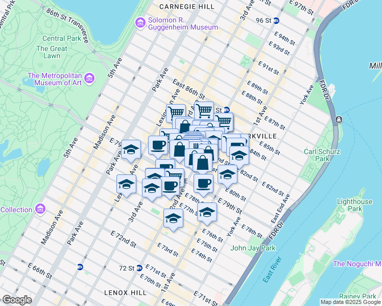 map of restaurants, bars, coffee shops, grocery stores, and more near 235 East 81st Street in New York