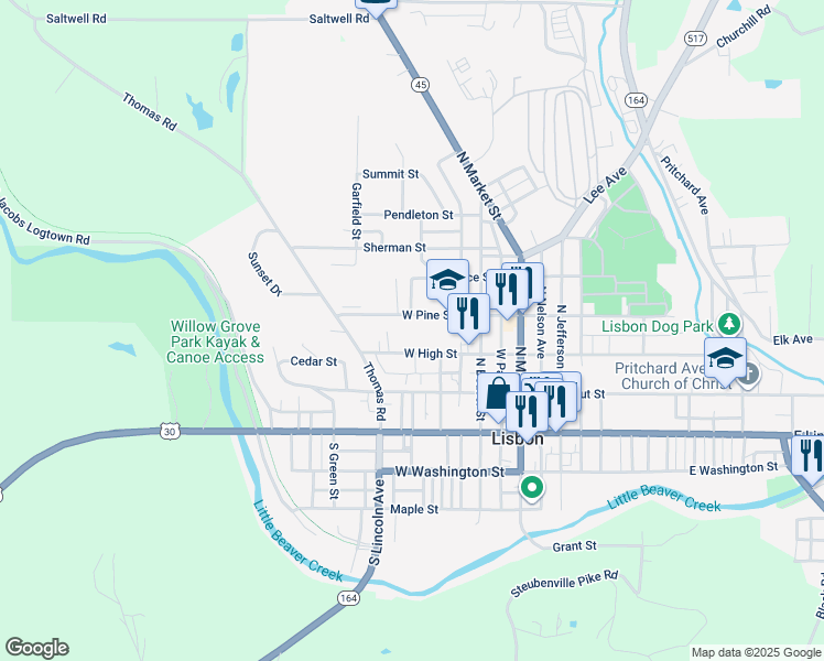 map of restaurants, bars, coffee shops, grocery stores, and more near 260 West Pine Street in Lisbon