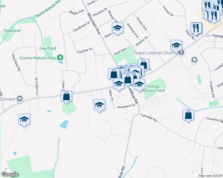 map of restaurants, bars, coffee shops, grocery stores, and more near 14 West Main Street in Mendham