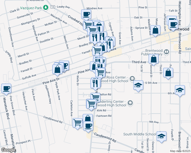 map of restaurants, bars, coffee shops, grocery stores, and more near 1818 5th Avenue in Bay Shore
