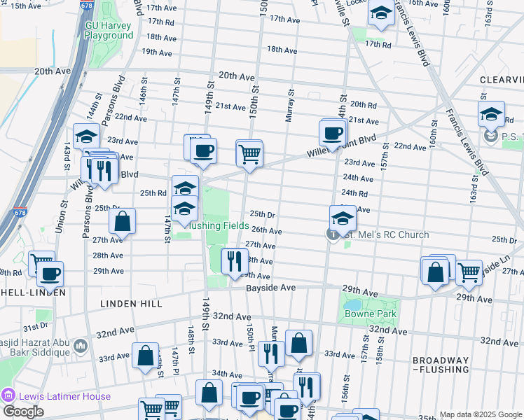 map of restaurants, bars, coffee shops, grocery stores, and more near 150-29 25th Drive in Queens