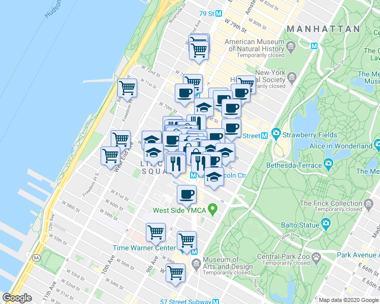 map of restaurants, bars, coffee shops, grocery stores, and more near 155 West 66th Street in New York