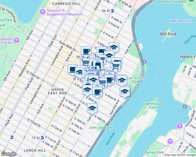 map of restaurants, bars, coffee shops, grocery stores, and more near 410 East 84th Street in New York