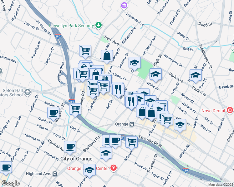map of restaurants, bars, coffee shops, grocery stores, and more near 463 Main Street in City of Orange