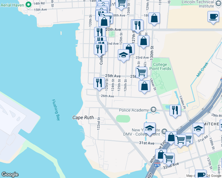 map of restaurants, bars, coffee shops, grocery stores, and more near 25-52 124th Street in Queens